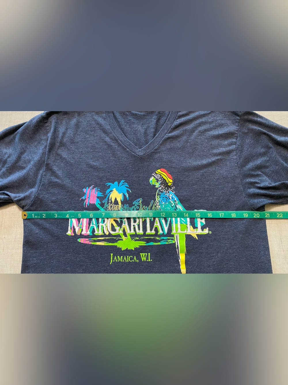 Jimmy Buffett Margaritaville gray V-Neck Tee with Neon Parrot Graphic - Picture 5 of 6